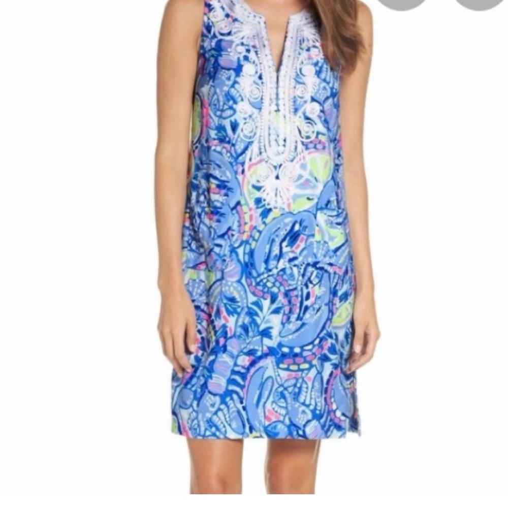 Size 6 Lilly Pulitzer Carlotta blue peri pinch shift stretchy dress with pocket